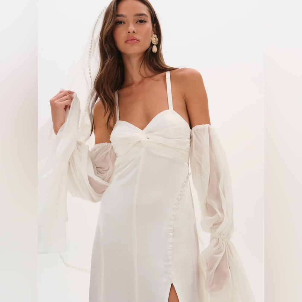 For Love & Lemons White Esme Puff Sleeve Bridal Gown Size Medium - Picture 3 of 13